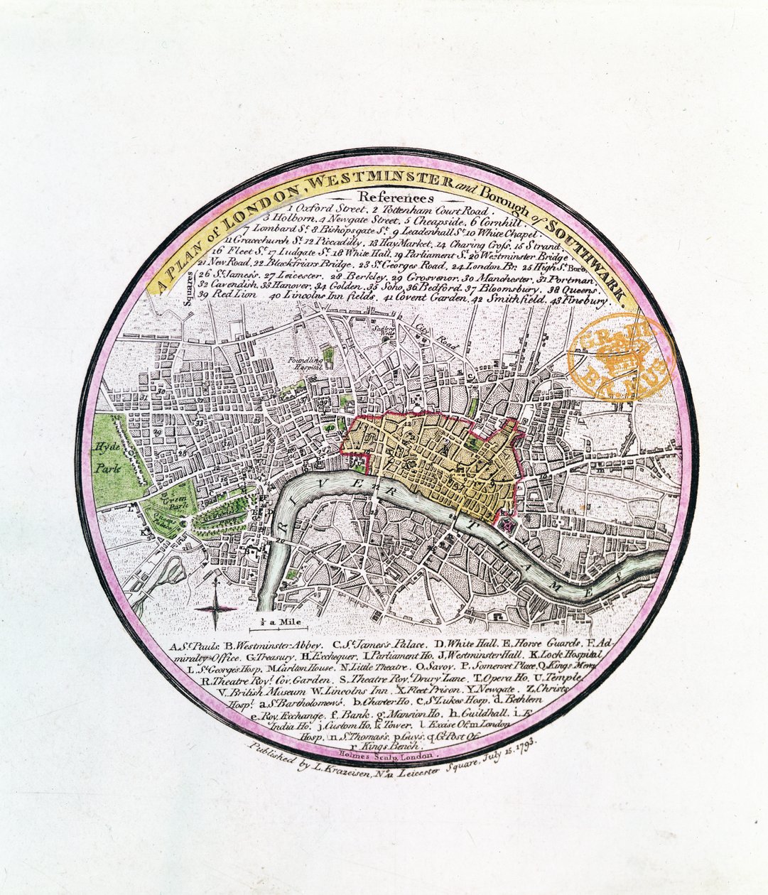 Plán Londýna, Westminsteru a čtvrti Southwark, 1793 (ručně kolorovaná rytina) od English School