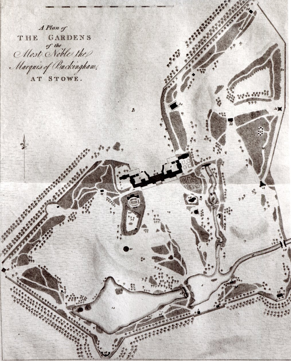 Plán zahrad nejvznešenějšího markýze z Buckinghamu ve Stowe z Návštěvnického průvodce, vydaného v roce 1797 (viz 140582 dřívější plán Charlese Bridgemanse) od English School