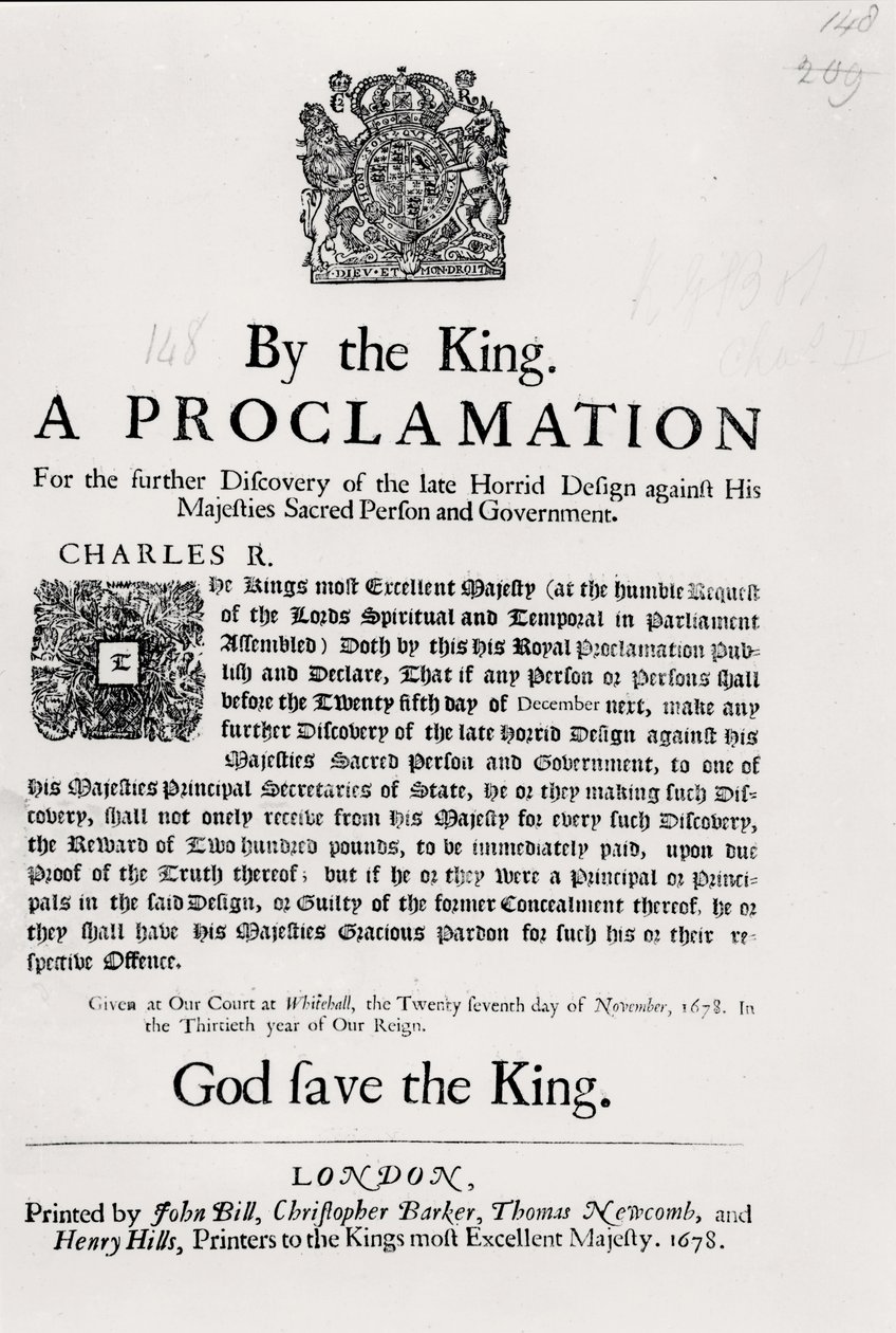 Provolání krále za další objev pozdního hrůzného plánu proti Jeho Veličenstvu posvátné osobě a vládě, 27. listopadu 1678 od English School