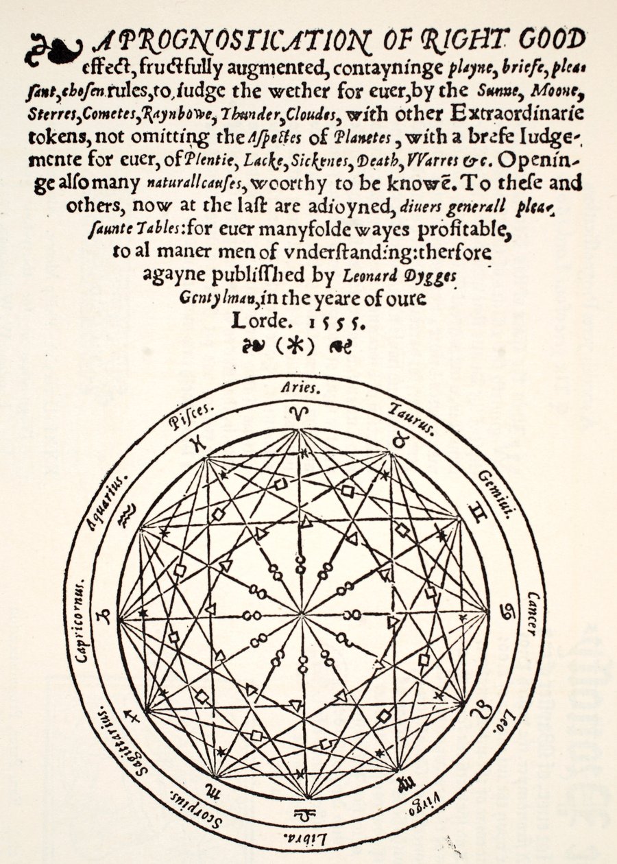 A Prognostication of Right Good, Leonard Dygges, tisk Thomas Gemini, Blacke Friars, Londýn, 1555 od English School