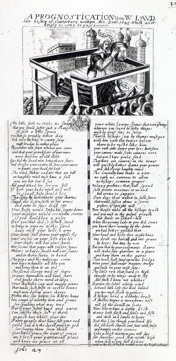 "A Prognostication upon W. Laud, late Bishop of Canterbury, written in 1641, which accordingly is come to true", traktát z občanské války vydaný v roce 1645. od English School
