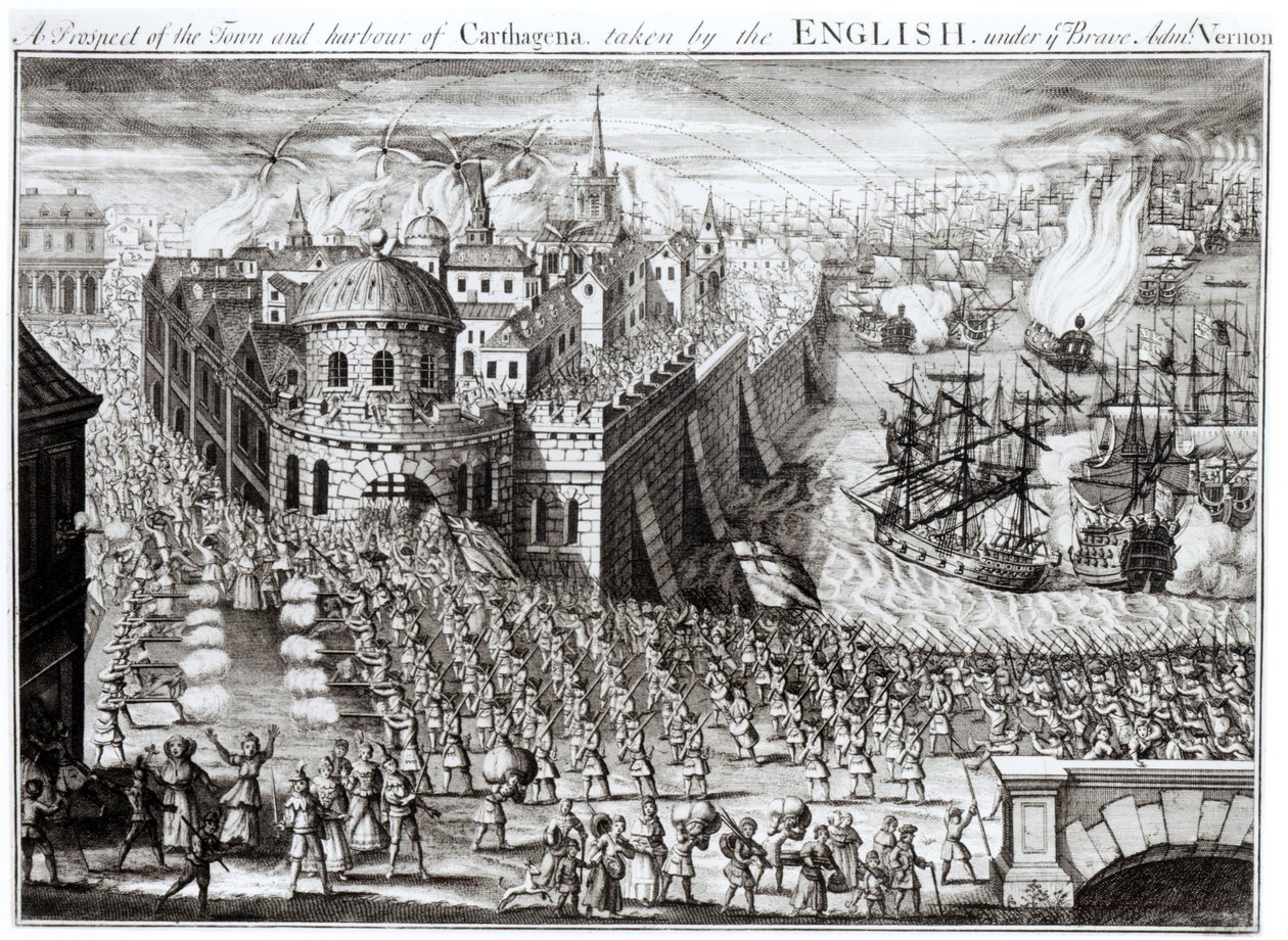 Pohled na město a přístav Carthagena, pořízený Angličany pod vedením statečného admirála Vernona, 1741 od English School