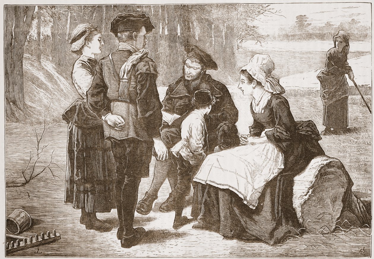 Protestantský dělník z Meaux, který čte Písmo svým přátelům, ilustrace z Historie protestantismu od Jamese Aitkena Wylie (1808-1890), hospoda. 1878 od English School