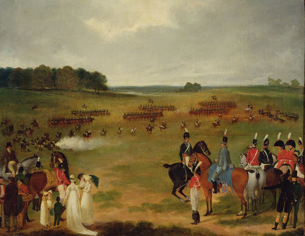 Recenze londýnské dobrovolné kavalérie a létajícího dělostřelectva v Hyde Parku v roce 1804, kolem roku 1804 (olej na palubě na panelu) od English School