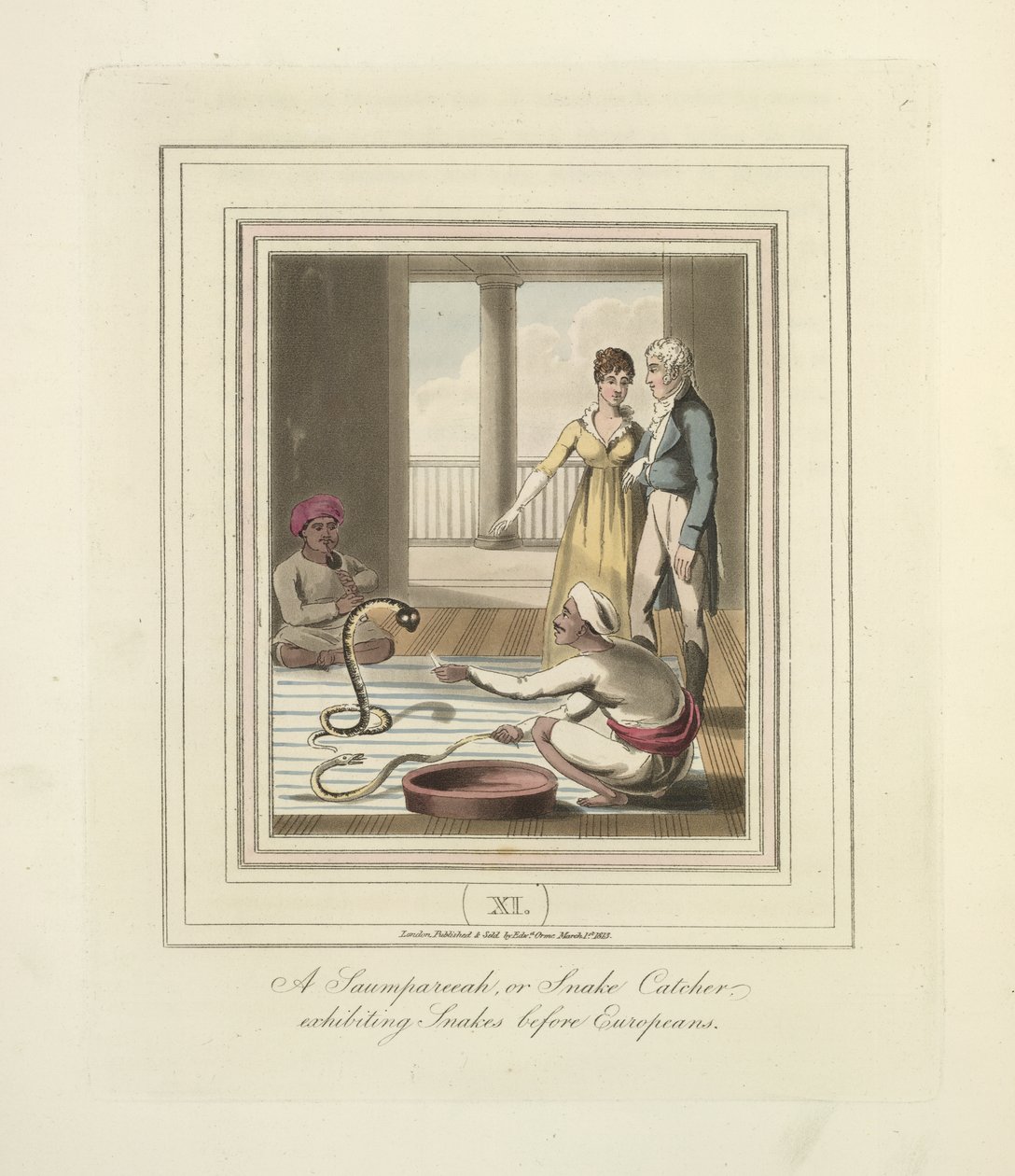 Saumpareeah neboli chytač hadů vystavující hady před Evropany, kolem roku 1824 (barevné lito) od English School