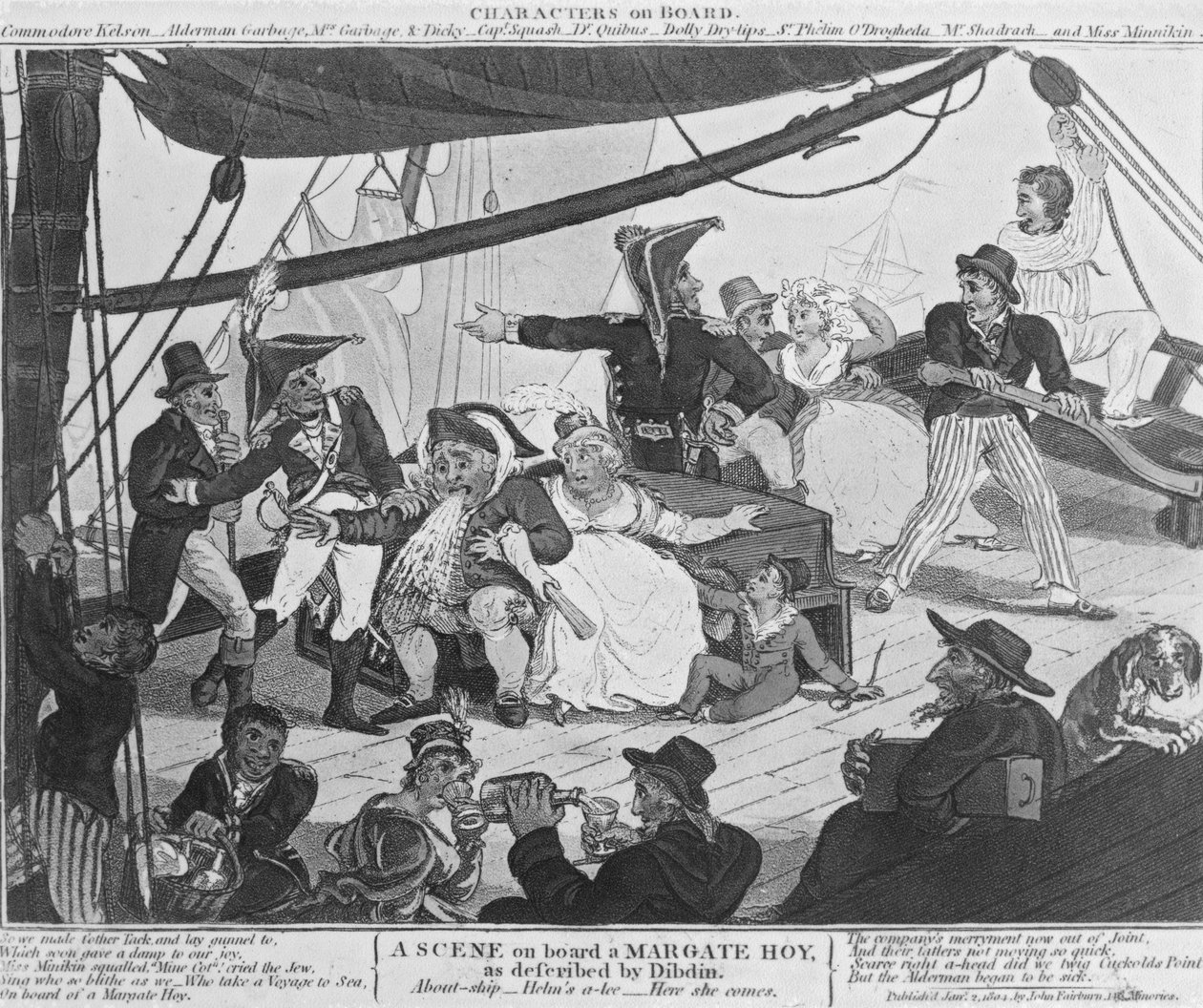 Scéna na palubě Margate Hoy, jak ji popsal Dibdin, 1804 (ručně kolorovaný lept) od English School
