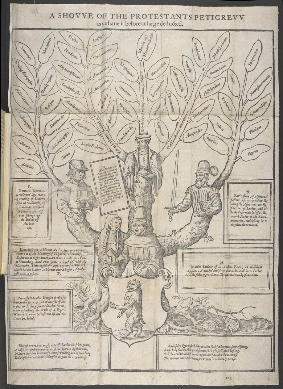 Ilustrace ‚Přehlídka protestantů Petigrew‘ z ‚Apology of Staphylus‘ od Thomase Stapletona od English School