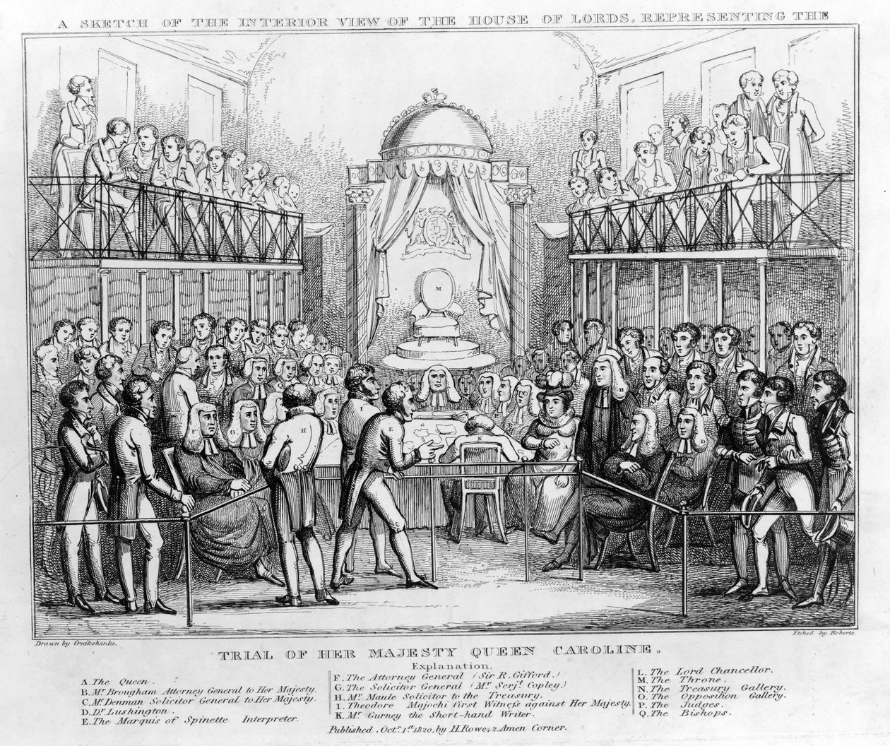 Náčrt interiéru Pohled na Sněmovnu lordů, představující Proces s Jejím Veličenstvom královnou Caroline, hospoda. 1820 (č/b rytina) od English School