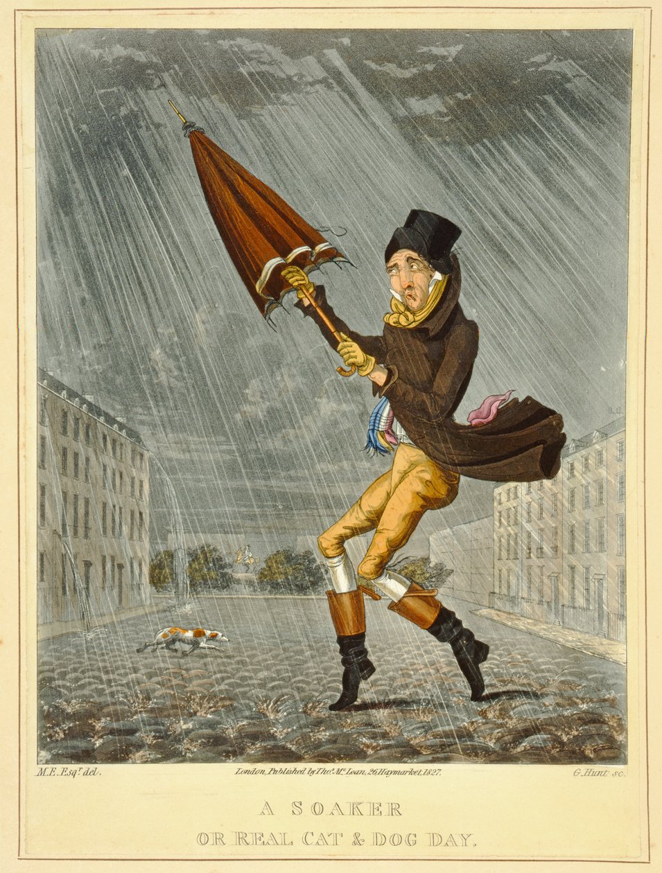 A Soaker or Real Cat and Dog Day, vyryl G. Hunt, vydal Thomas McLean, Londýn, 1827 (barevný lept) od English School