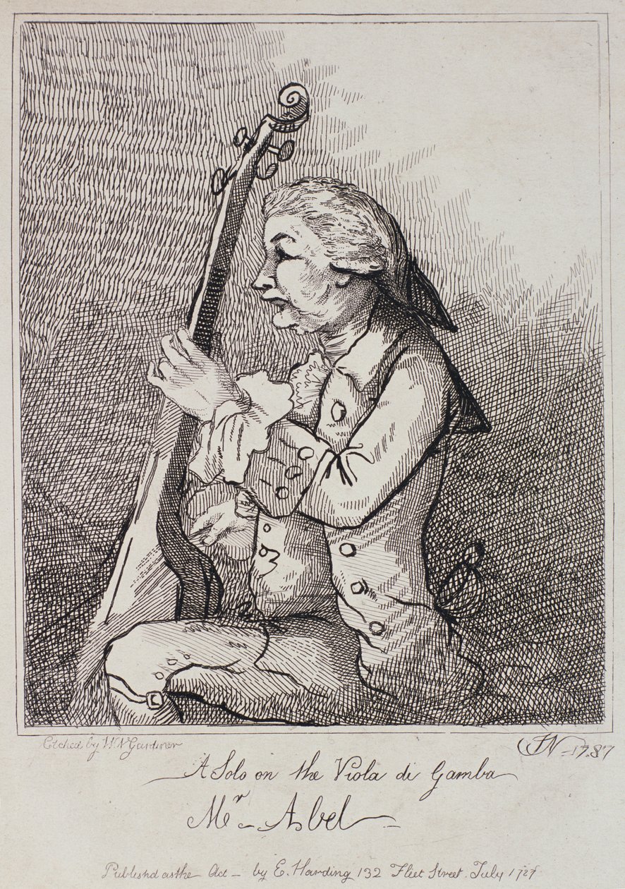 Sólo na violu da Gamba, Carl Friedrich Abel (1723-87) vyrytý William Nelson Gardiner (1766-1814) 1787 od English School