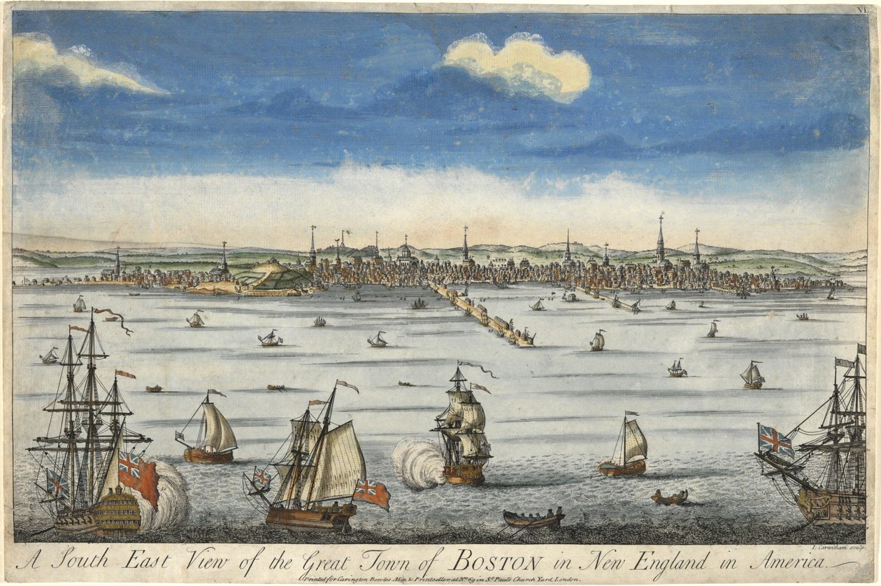 Jihovýchodní pohled na Velké město Boston v Nové Anglii…, c. 1730 (ručně kolorovaná rytina) od English School