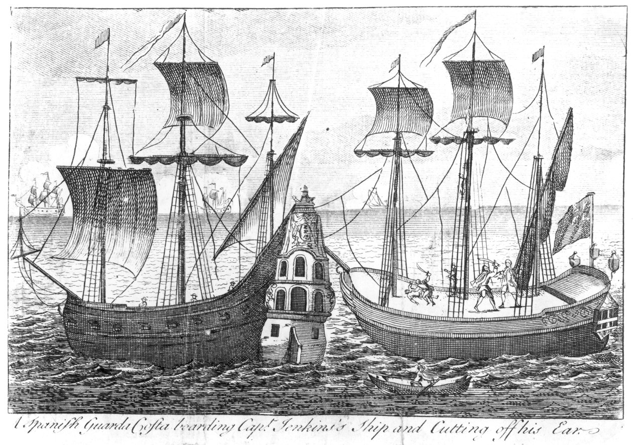 Španělský „Guarda Costa“ (pobřežní hlídka) nastupuje na loď kapitána Jenkinse a uřízne mu ucho, 1731 od English School