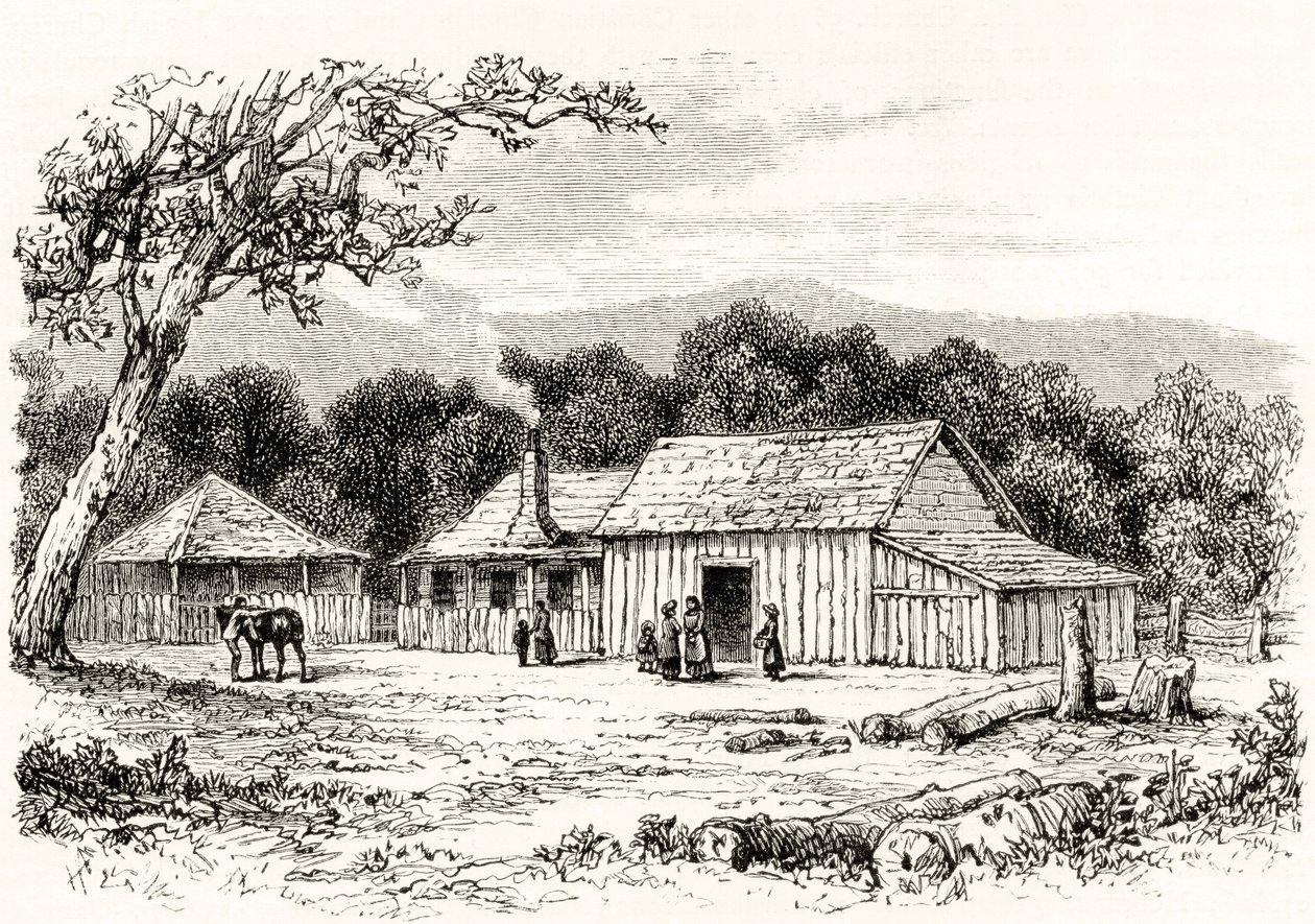 Stanice squatterů, asi 1880, z knihy Howarda Willoughbyho "Australian Pictures", vydané Religious Tract Society, Londýn, 1886. od English School