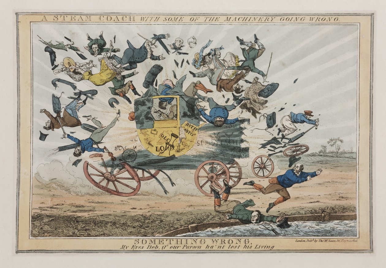 Parní autobus, u kterého se některé stroje pokazily, kolem roku 1825 od English School