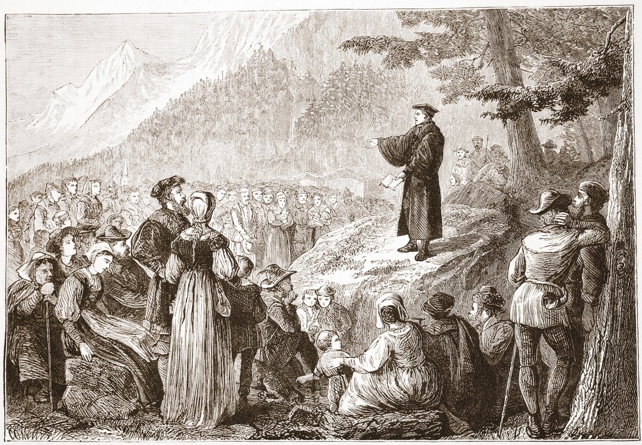 Švýcarský reformátor káže svému stádu na otevřeném poli, ilustrace z Historie protestantismu od Jamese Aitkena Wylie (1808-1890), pub. 1878 od English School