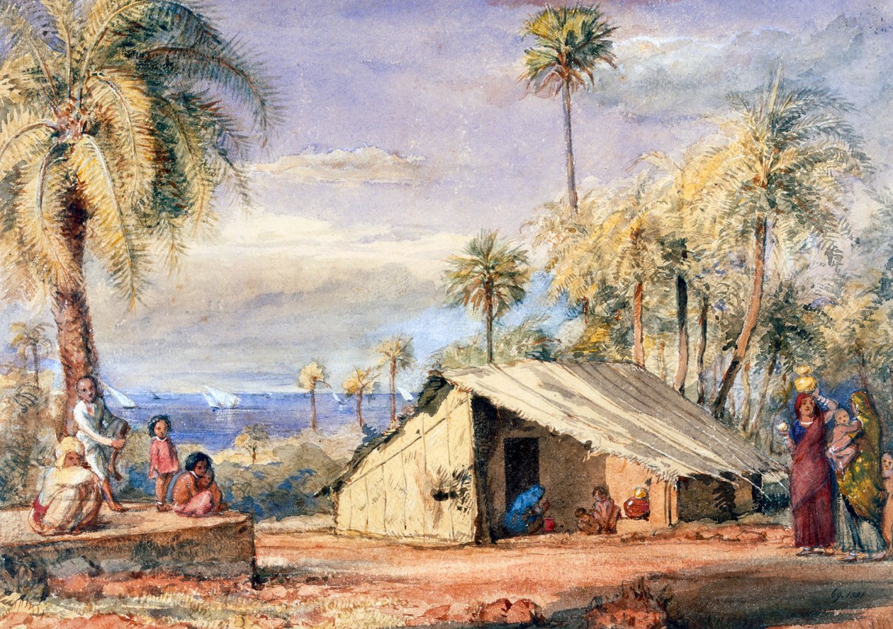 Toddy-Drawers Hut v Grove of Date Palms, Bombayské předsednictví, Indie (wc na papíře) od English School