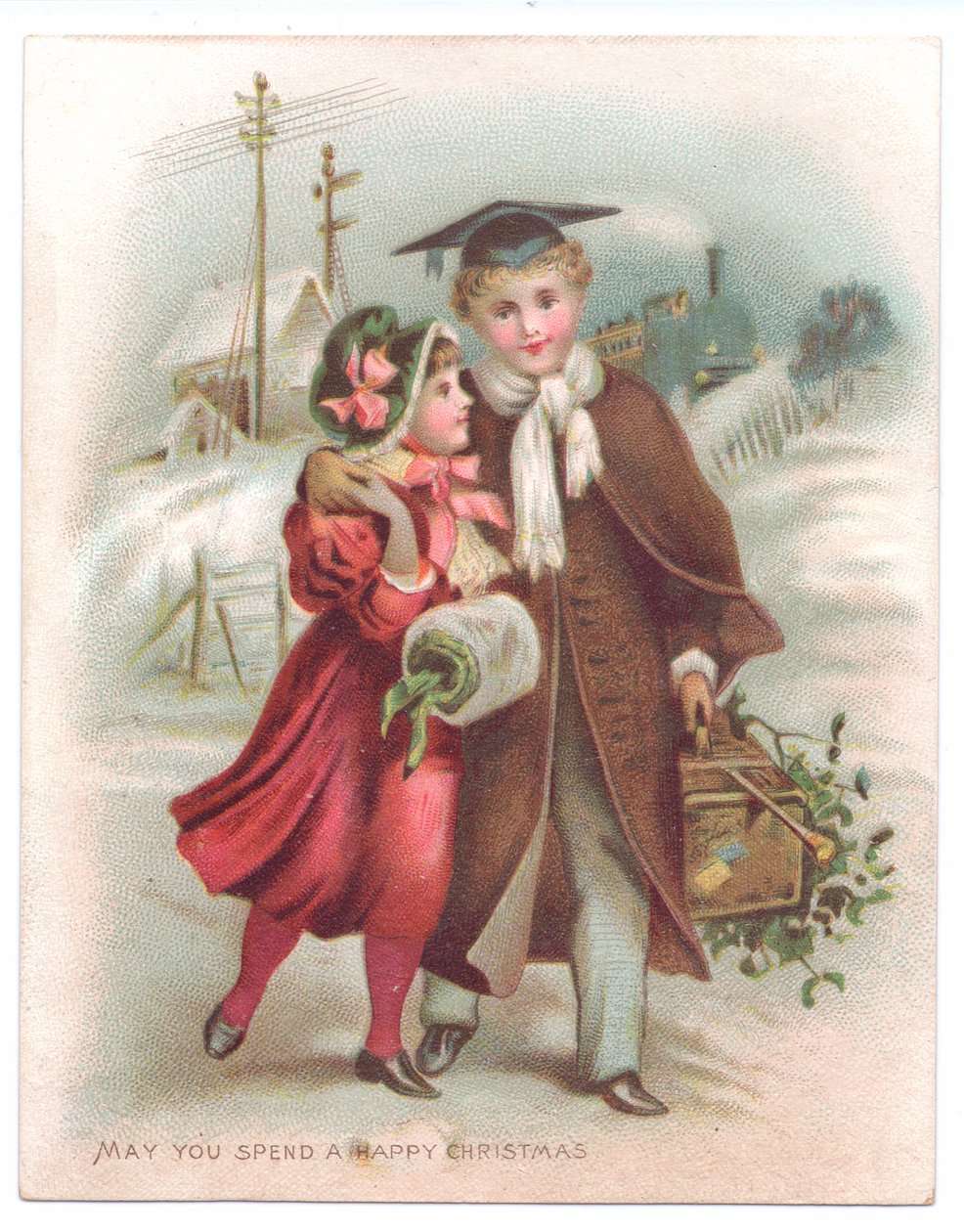 Viktoriánské vánoční přání chlapce s maltou s paží kolem dívky procházející sněhem, kolem roku 1880 (barva litho) od English School