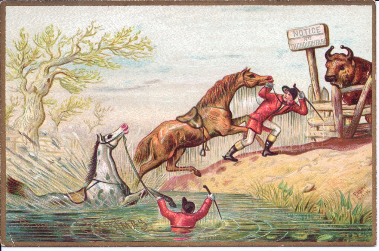 Viktoriánské vánoční přání koně mlátícího ve vodě, zatímco druhého jeho jezdec vytáhl na břeh, kolem roku 1880 (barva litho) od English School