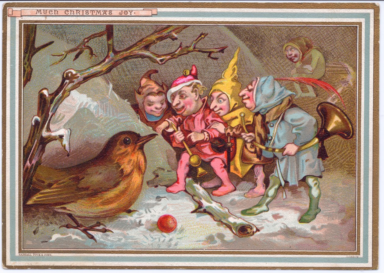 Viktoriánské vánoční přání party elfů nesoucích hudební nástroje a hledících na zmateného červenku, kolem roku 1880 od English School