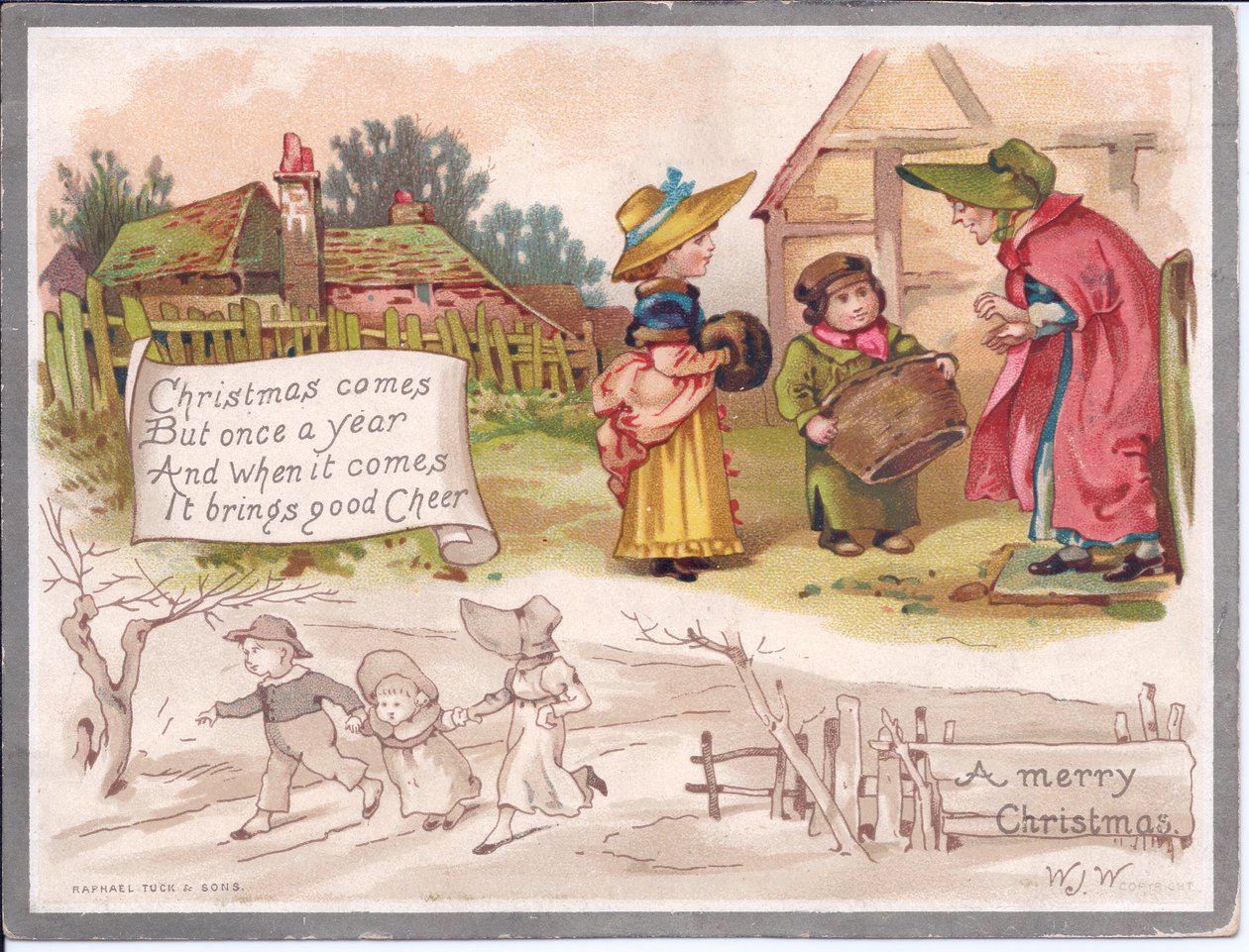 Viktoriánské vánoční přání starší ženy se dvěma dětmi na farmě, kolem roku 1880 (barva litho) od English School