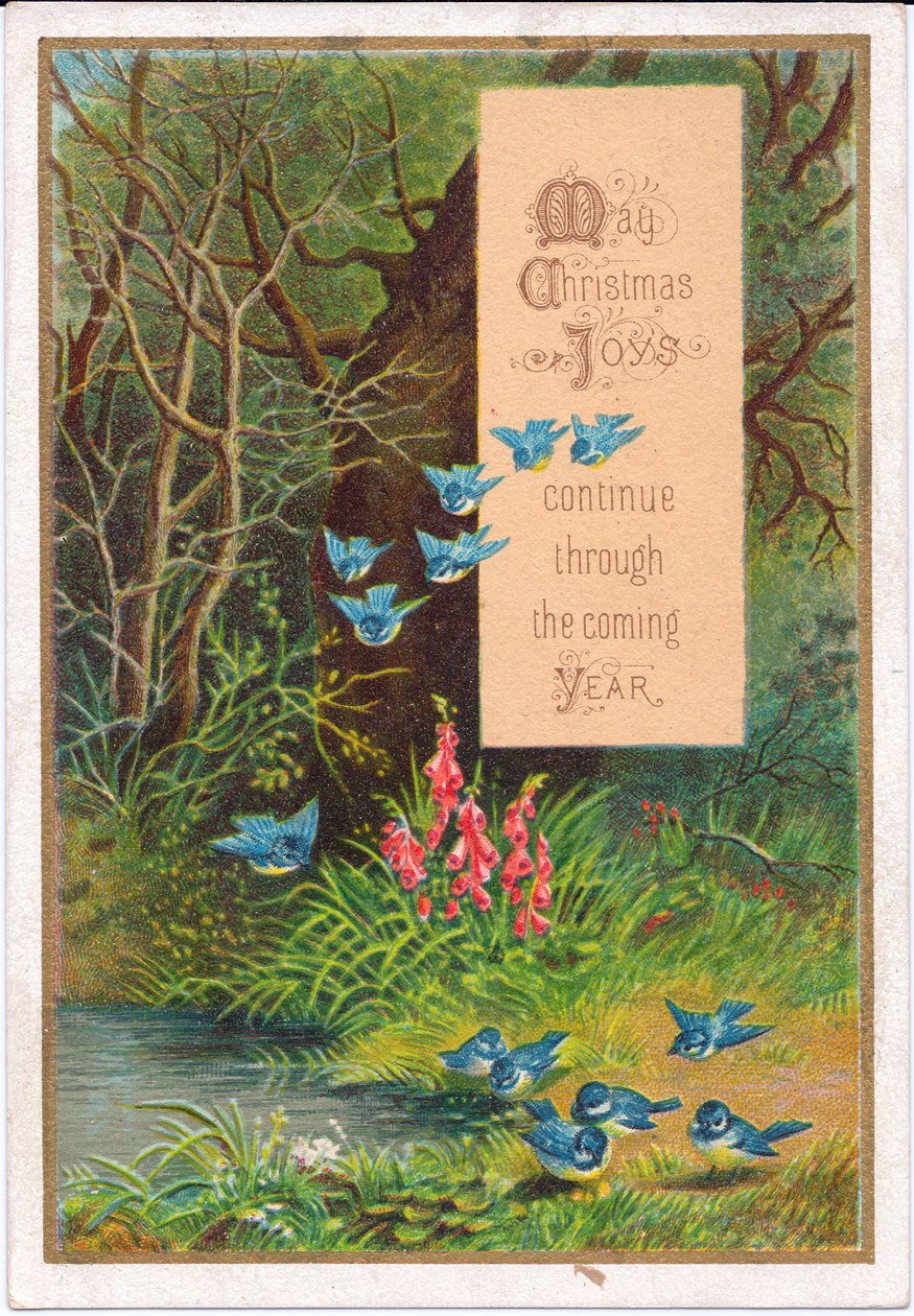 Viktoriánské vánoční přání modrých ptáků v lesním prostředí, kolem roku 1880 (barva litho) od English School