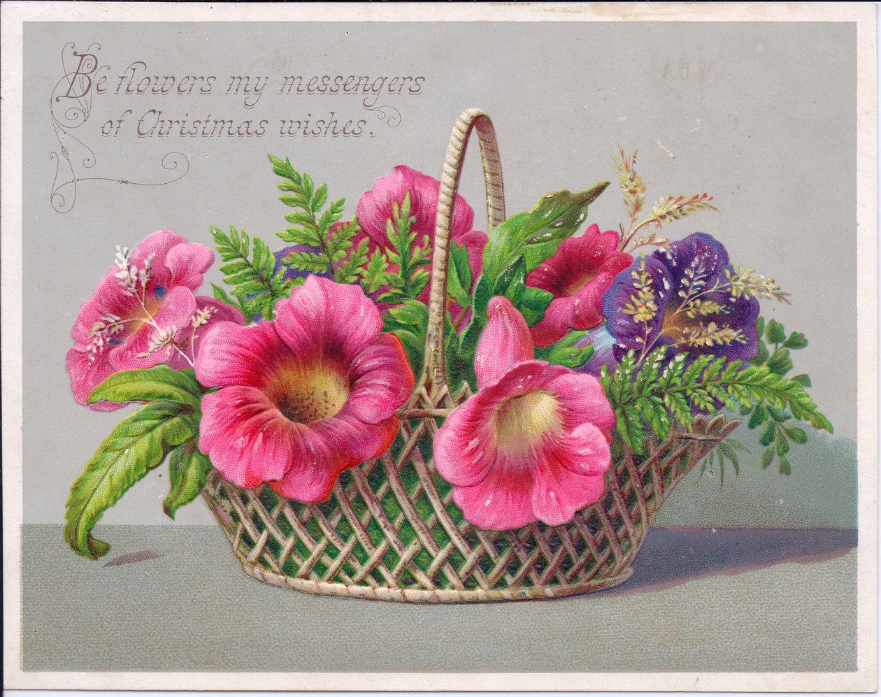 Viktoriánské vánoční přání s květinami v proutěném koši, kolem roku 1880 (barva litho) od English School