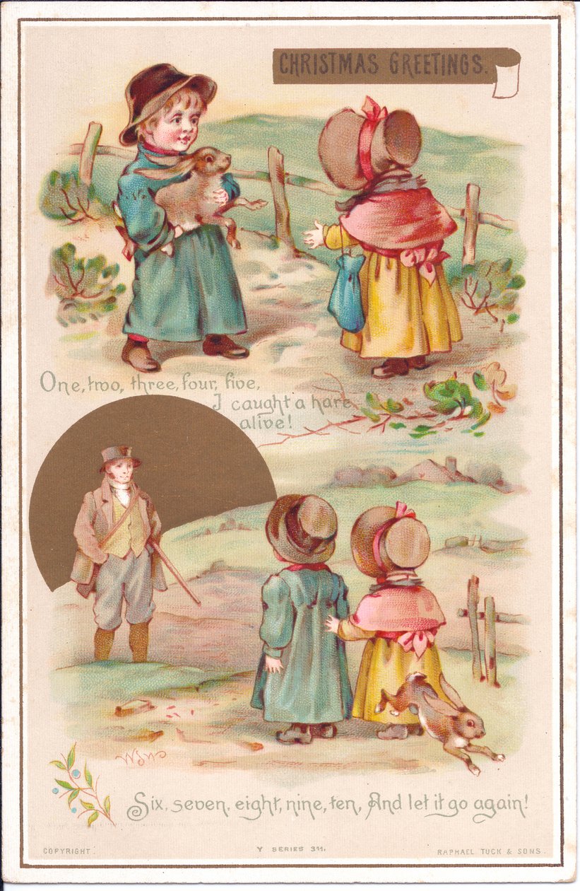 Viktoriánské vánoční přání dvou dětí se zajícem, kolem roku 1880 (barva litho) od English School