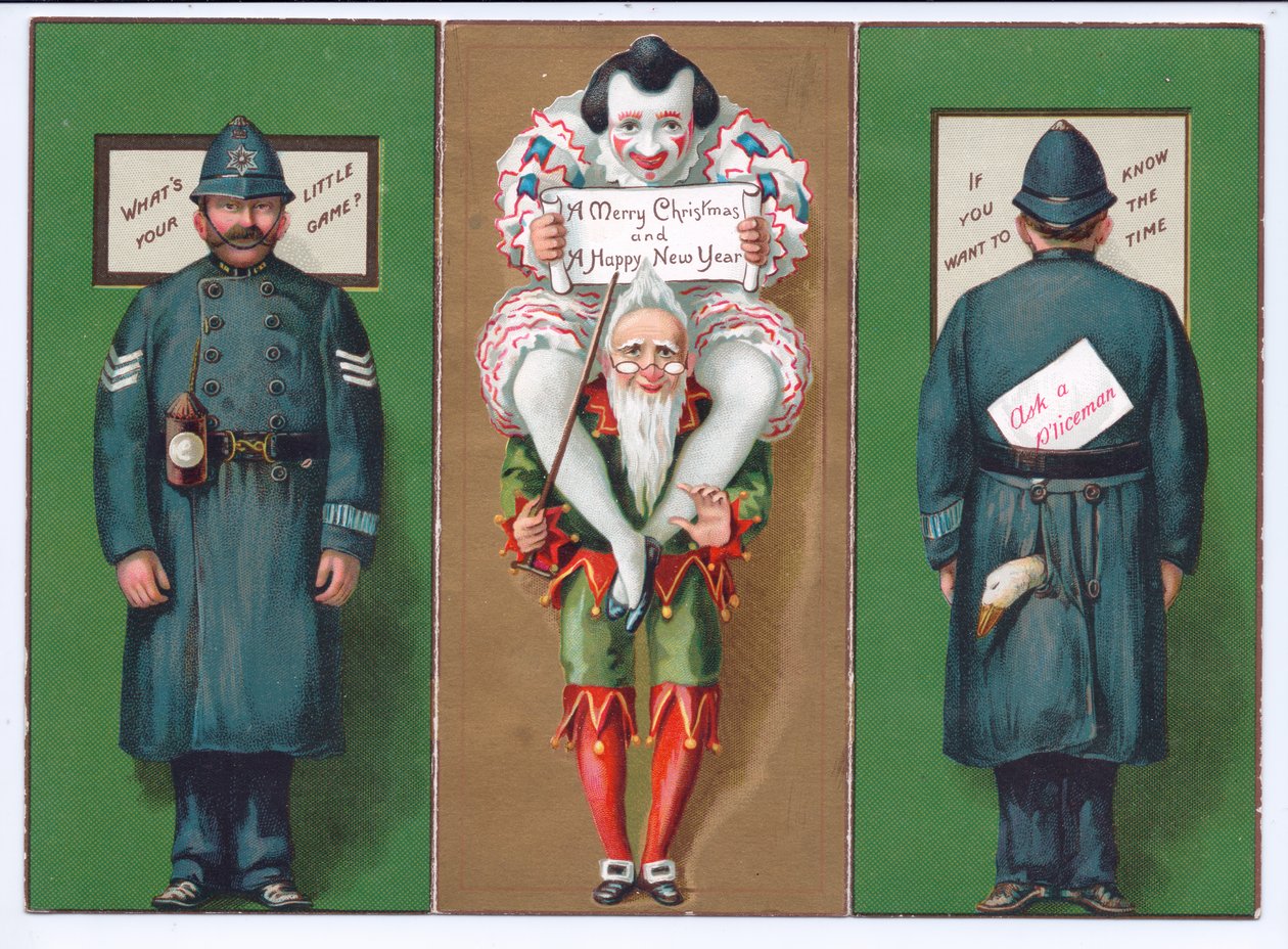Viktoriánské vánoční přání s šaškem, klaunem a policistou, kolem roku 1880 od English School