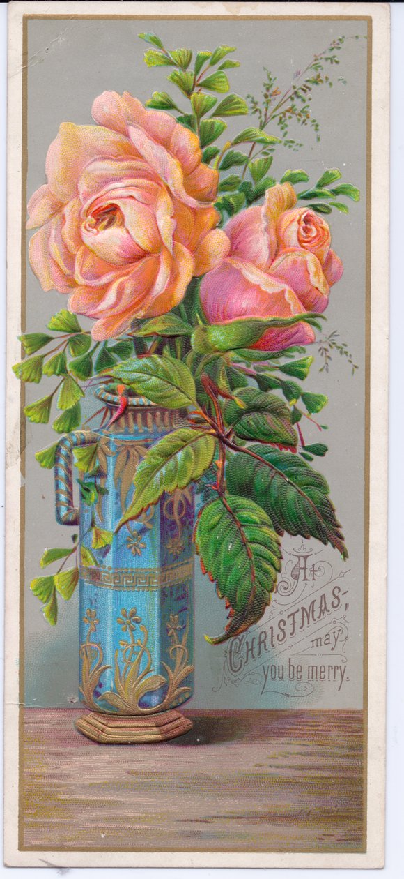 Viktoriánská vánoční pohlednice s růžemi v modré váze, cca 1880 (barevná litografie) od English School