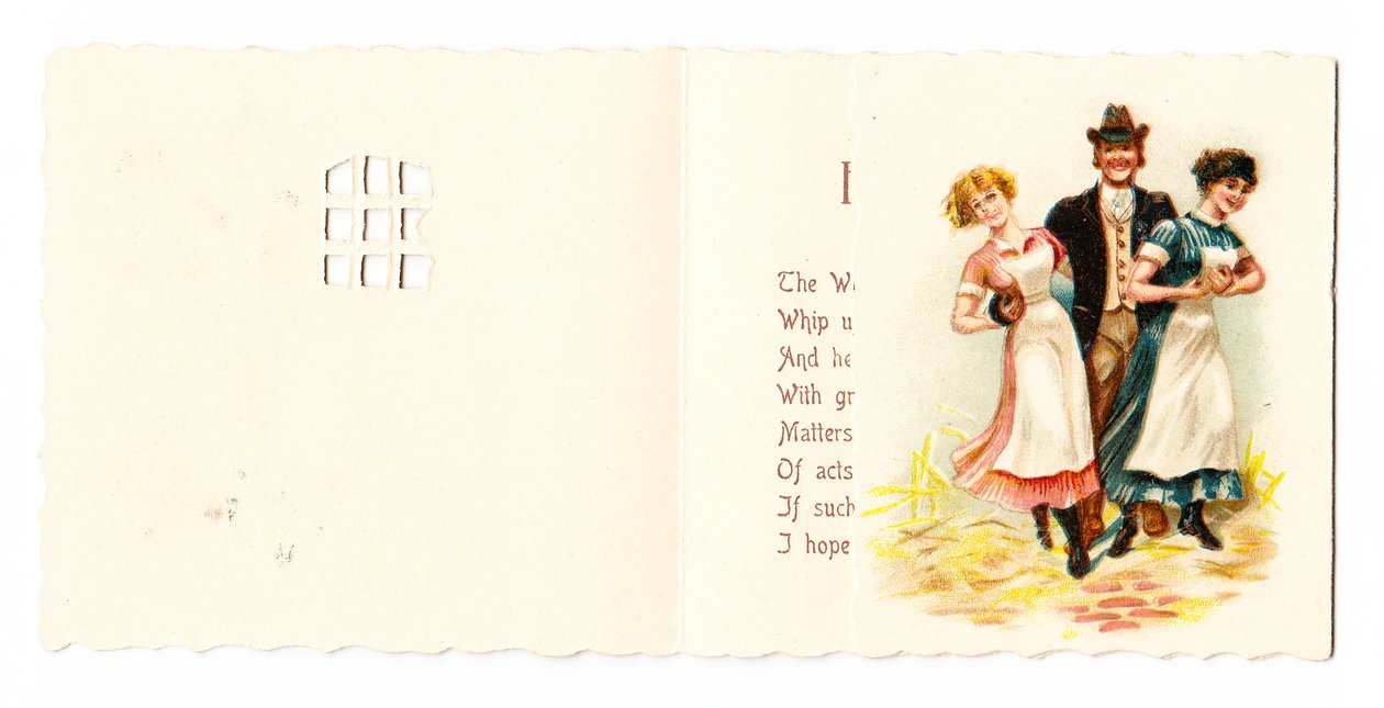 Viktoriánské blahopřání gentlemana se dvěma služebnými, kolem roku 1880 od English School