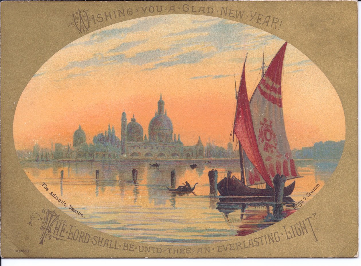 Novoročenka z viktoriánské doby s vyobrazením lodi a gondol na Jadranu, Benátky, cca 1880 (barevná litografie) od English School