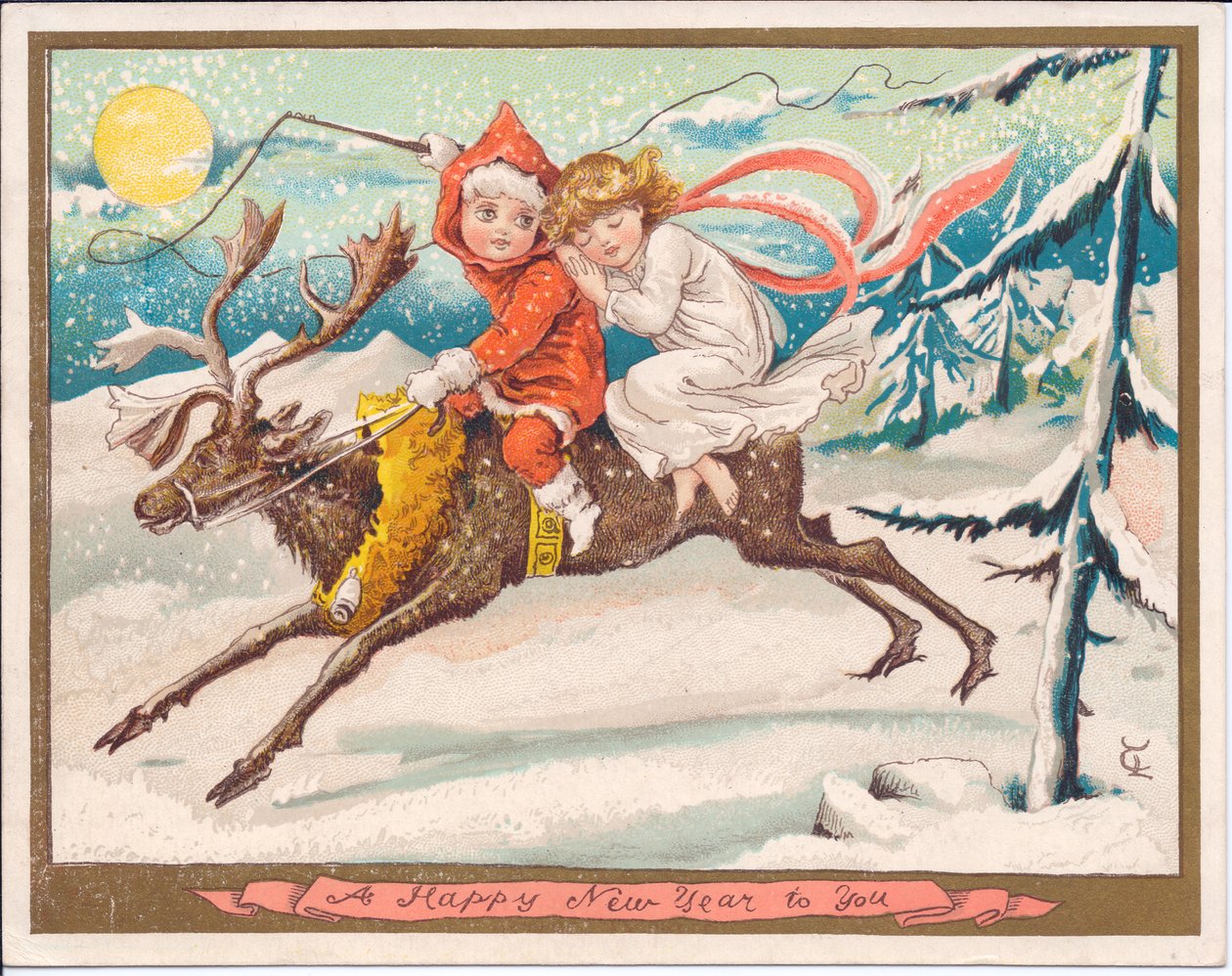 Viktoriánské novoroční přání dívky a chlapce víly obkročmo na sobu za měsíční zasněžené noci, kolem roku 1880 (barva litho) od English School