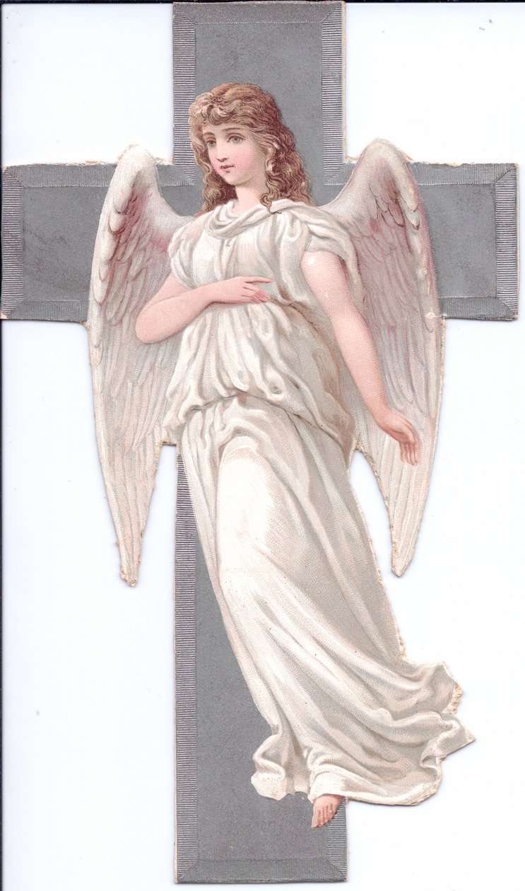 Viktoriánský papírový reliéf anděla před křížem, cca 1880 (barevná litografie) od English School