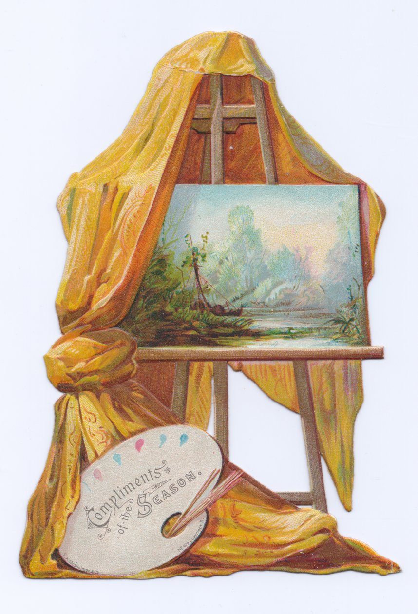 Viktoriánská vystřihovánka obrazu na malířském stojanu se závěsem, cca 1880 (barevná litografie) od English School
