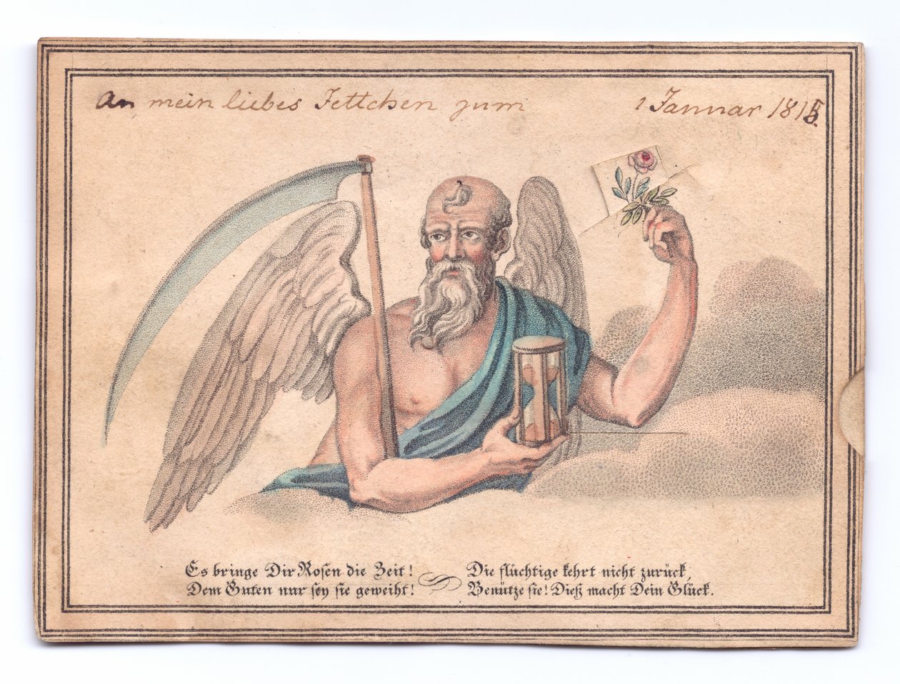 Viktoriánské přání ponuré s kosou a přesýpacími hodinami s růží, kolem roku 1815 (barva litho) od English School