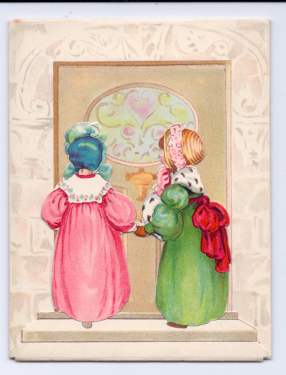 Viktoriánské přání dvou dětí s čepicemi, které se chystají vstoupit do předních dveří, kolem roku 1880 (barva litho) od English School