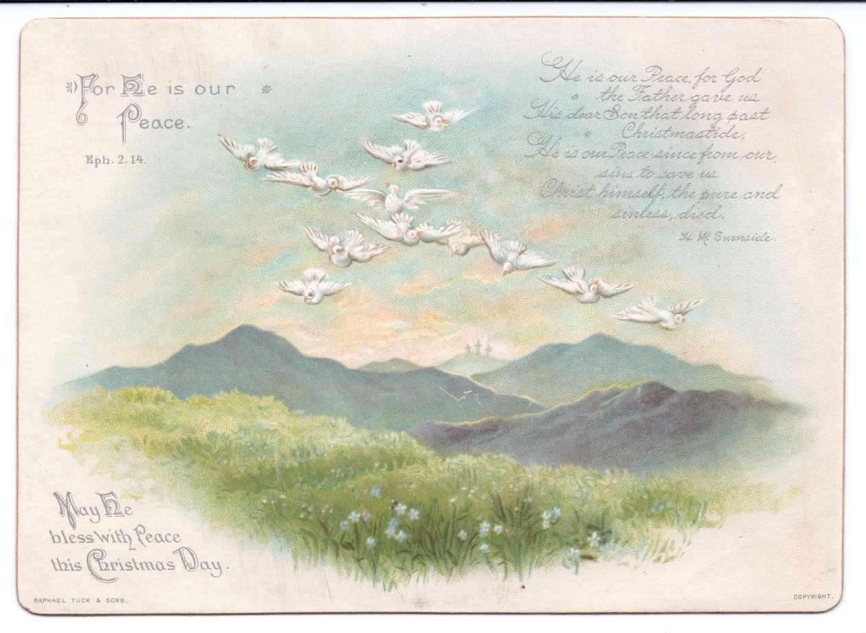 Viktoriánské náboženské vánoční přání létajících holubic ve tvaru kříže, kolem roku 1880 (barva litho) od English School