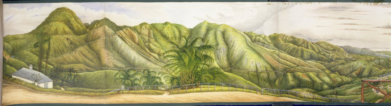 Pohled na Kingston z vojenského sanatoria v Newcastle, Blue Mountains, Jamajka, 1855 (wc a kvaš na papíře položené na plátně) od English School