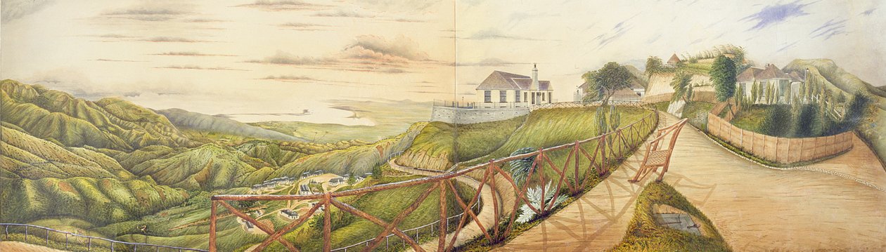 Pohled na Kingston z vojenského sanatoria v Newcastle, Blue Mountains, Jamajka, 1855 (wc a kvaš na papíře položené na plátně) od English School