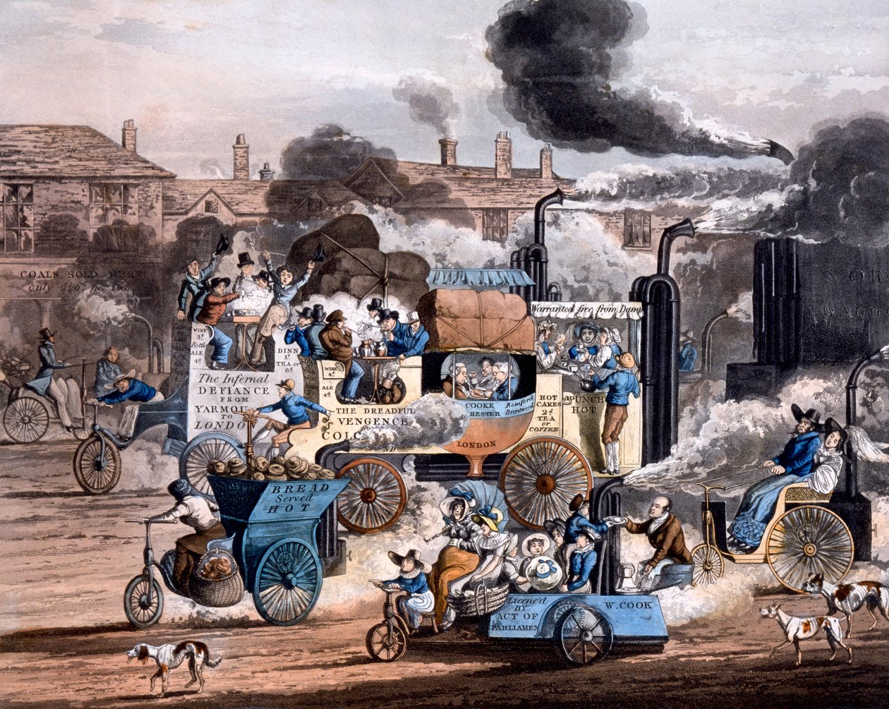 A View in White Chapel Road 1830, from The Progress of Steam - Aikens Illustration of Modern Prophecy 1828 (ručně kolorovaná akvatinta) od English School