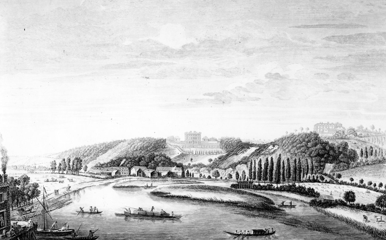 Pohled na Cliveden House převzatý z Maidenhead Bridge, c.1780 od English School