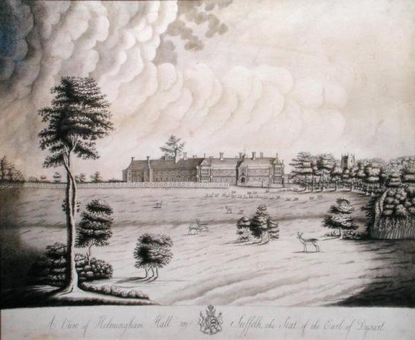 Pohled na Helmingham Hall v Suffolku, sídlo hraběte z Dysartu (inkoust a šedá barva na papíře) od English School