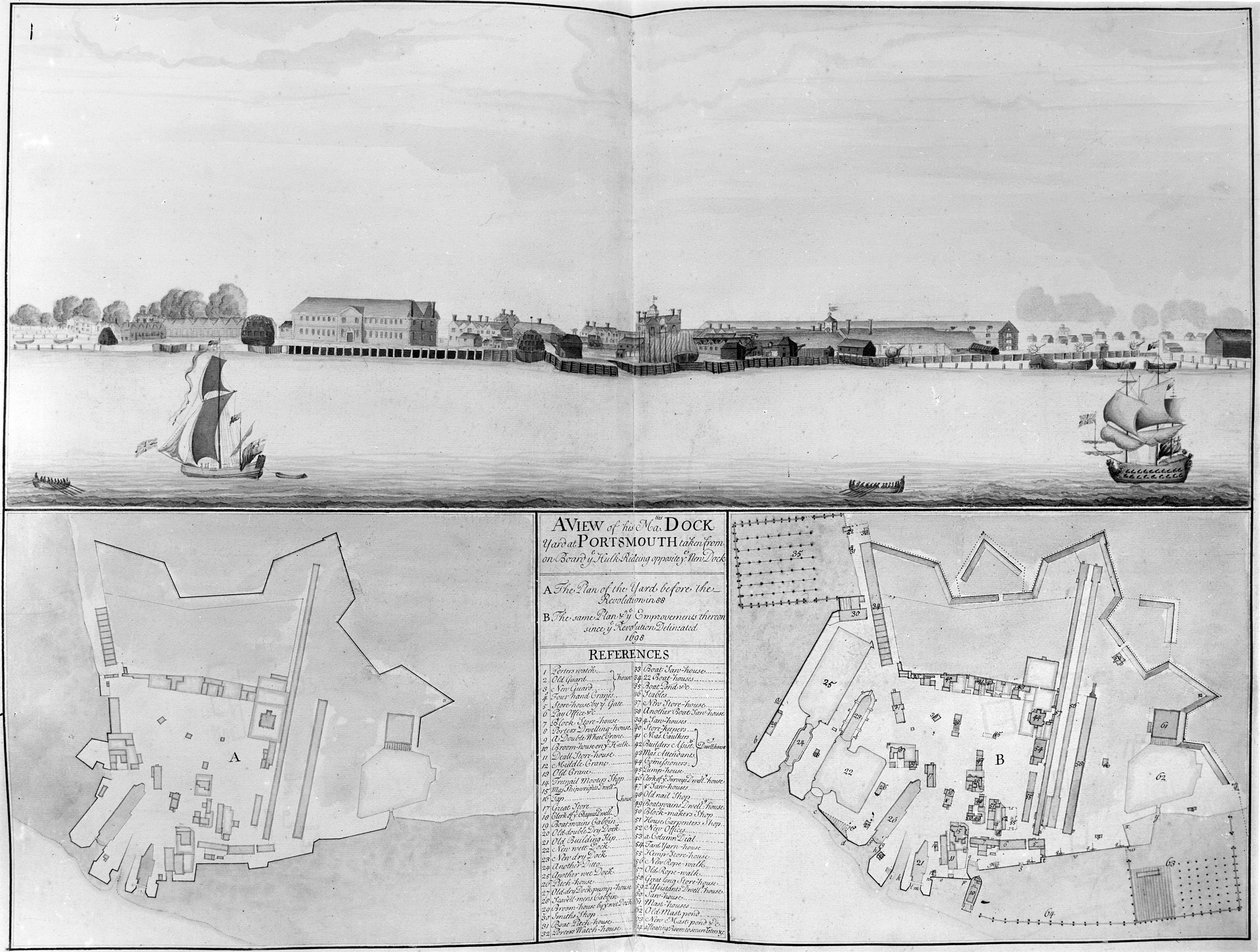 Pohled na loděnici Jeho Veličenstva v Portsmouthu z protějšího New Docku, 1698 od English School