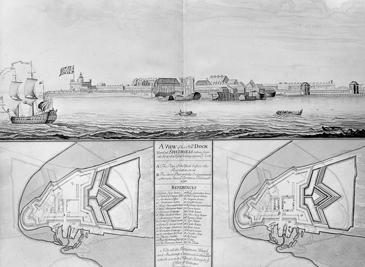 Pohled na loděnici Jeho Veličenstva v Sheerness, 1698 od English School
