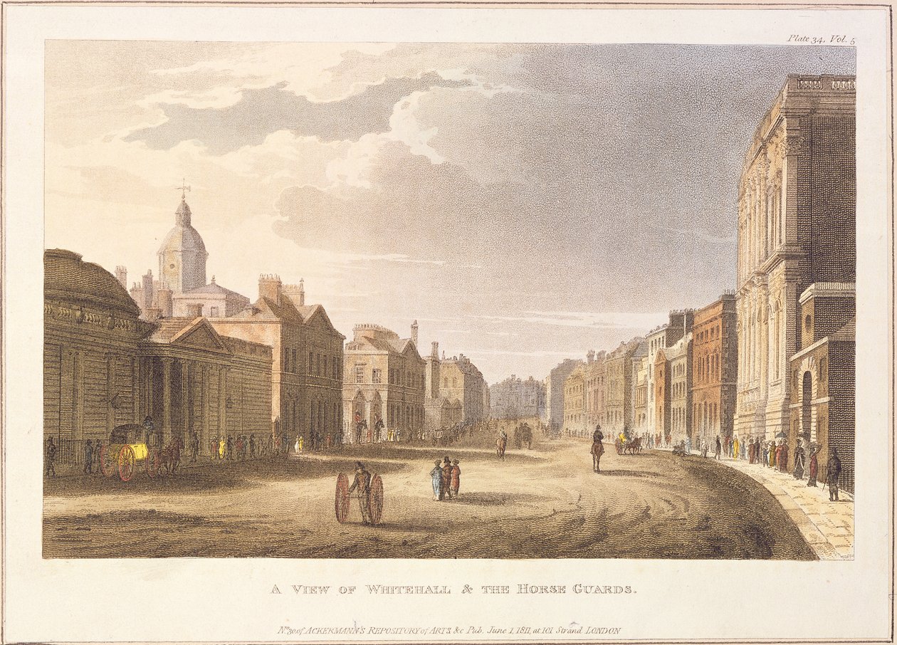 Pohled na Whitehall a The Horse Guards, z Ackermann