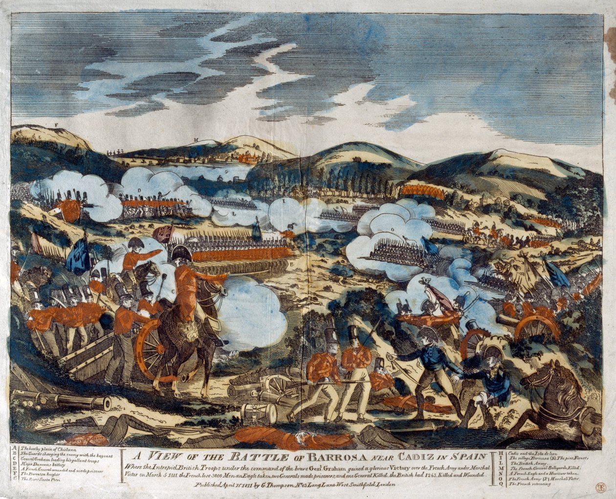 Pohled na bitvu u Barossa, 1811 (kolorovaný dřevoryt) od English School