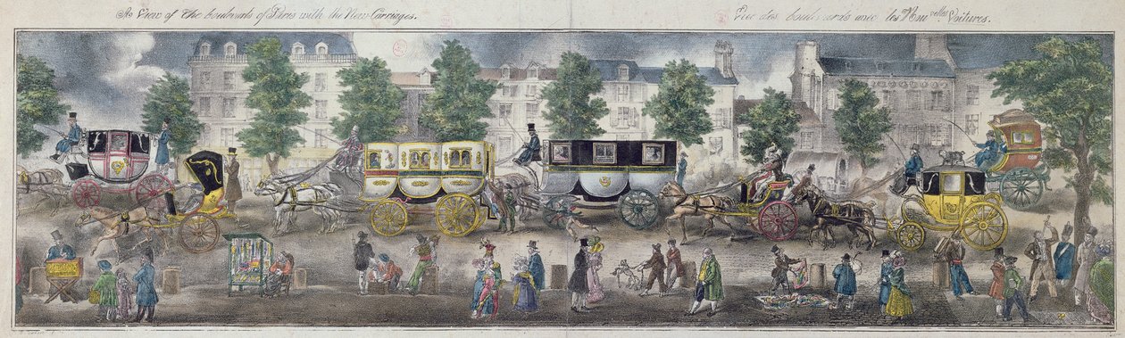 Pohled na pařížské bulváry s novými kočáry, 1828 (barevná rytina) od English School