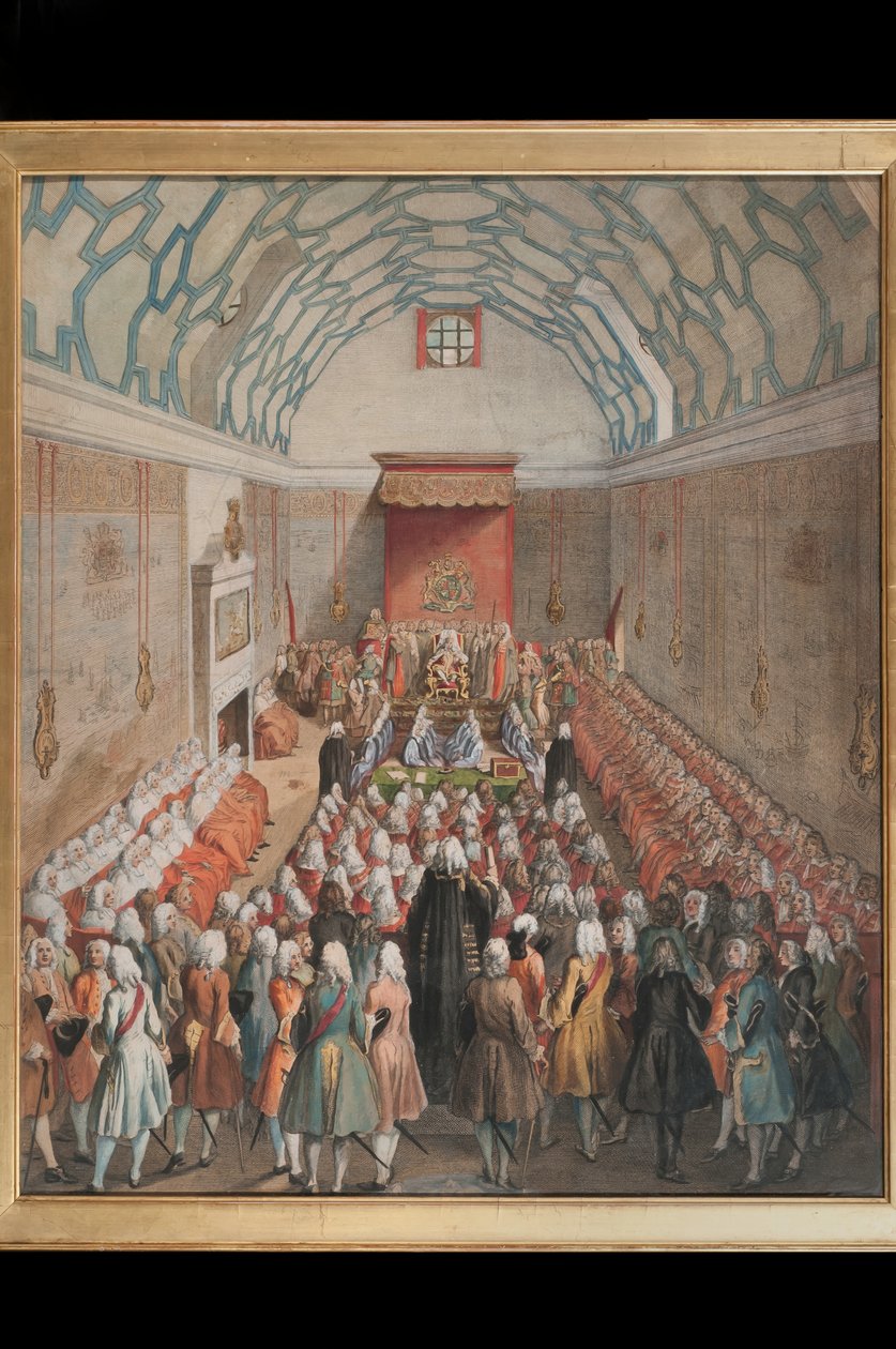 Pohled na Sněmovnu lordů, vyrytý Benjamin Cole (fl.1748-75) c.1755 (ručně kolorovaná rytina) od English School