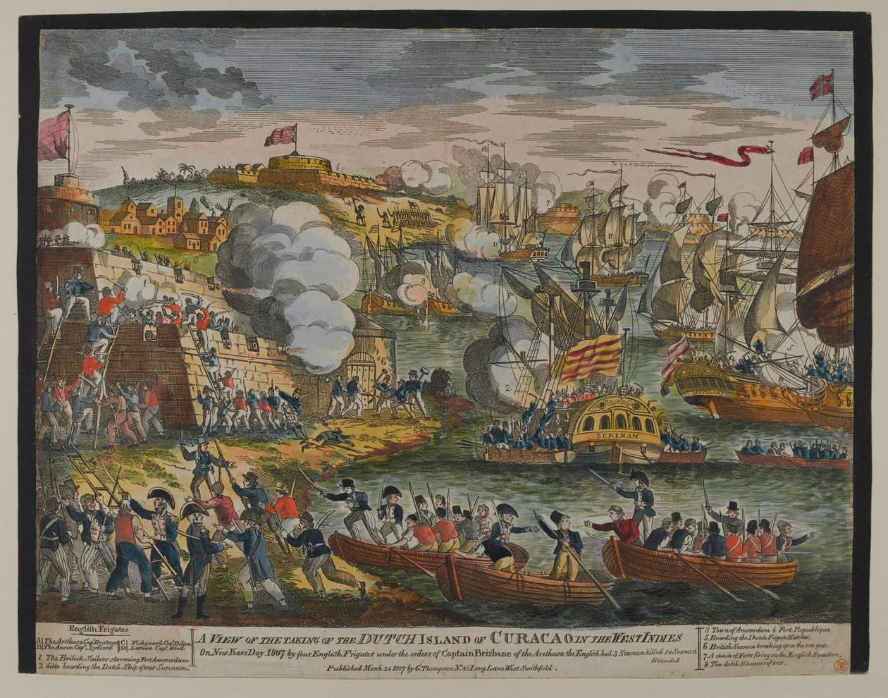 Pohled na dobytí holandského ostrova Curacao v Západní Indii, 1. ledna 1807, vydal G. Thompson v roce 1807 (barevný dřevoryt) od English School