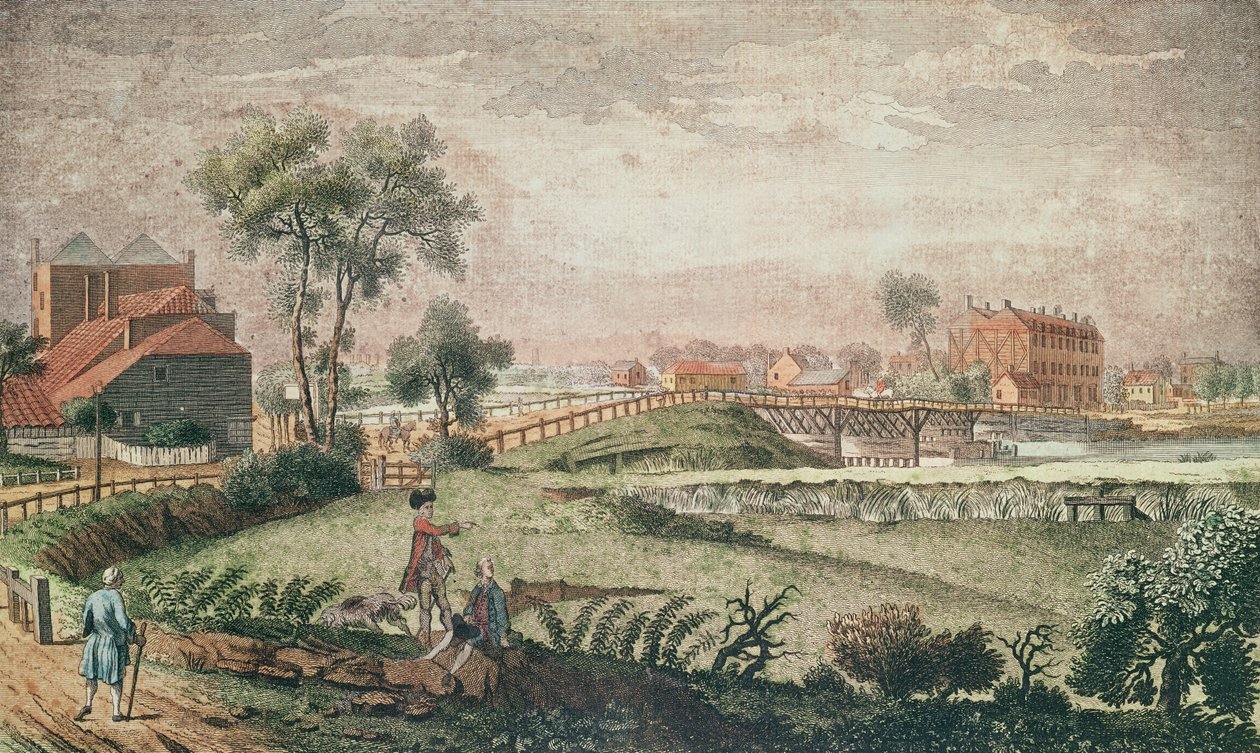 Západní pohled na Chelsea Bridge, 1761 (barevná rytina) od English School